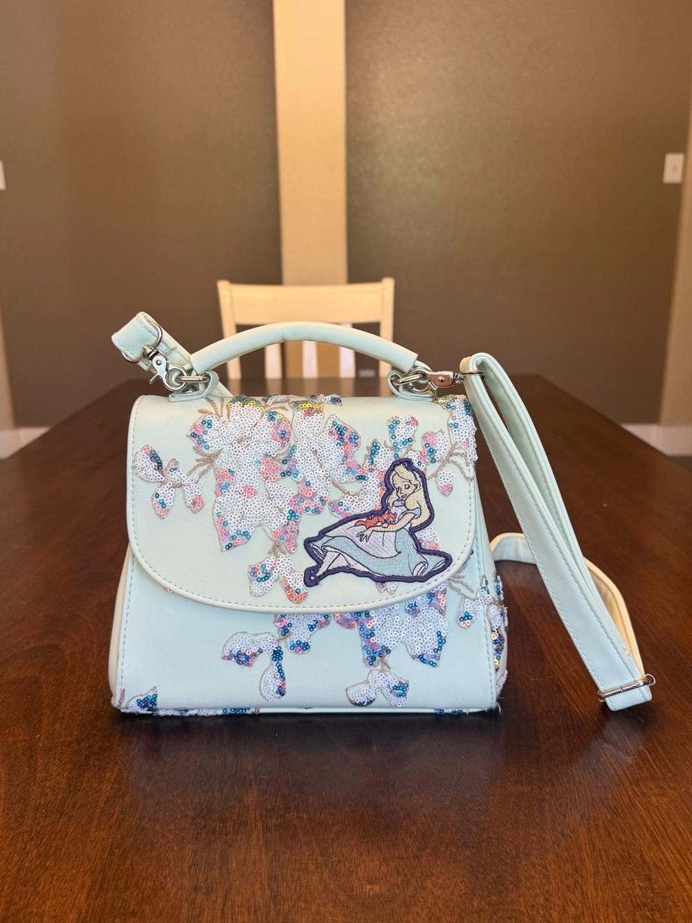 Loungefly Disney Alice in Wonderland Alice & Dinah Floral Sequin Handbag